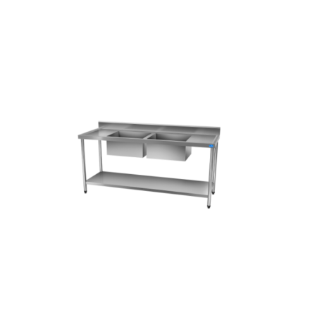 MESA PIA AÇO INOX C/ PRATELEIRA E DUAS CUBAS